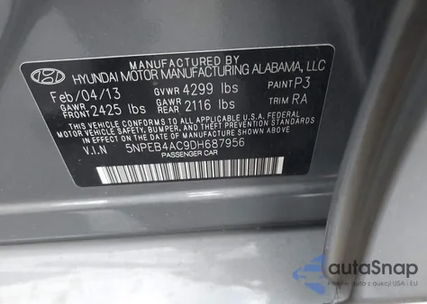 2013 Hyundai Sonata Gls из США, поврежденный, VIN 5NPEB4AC9DH687956